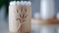 Cotton swabs in wooden holder with carved floral pattern, eco-friendly bathroom accessories on blurred background, sustainable lifestyle concept.