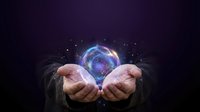 Businessman hands holding glowing digital sphere with network connections and data visualization against dark background for technology concepts.