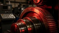 Industrial gear mechanism with red lighting in manufacturing facility showcasing precision engineering and mechanical components for automotive production.