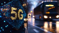 Glowing 5G network symbol with digital particles against blurred urban night street background with bus and bokeh lights, modern wireless technology concept.