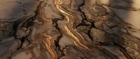 Golden liquid metal flowing through cracked desert terrain creating abstract patterns. Molten gold stream on dry earth surface for luxury design concepts.