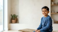 Young boy, approximately 8-10 years old, Hispanic ethnicity, wearing blue long-sleeve shirt, sitting at wooden table with cheerful expression, suitable for educational, family, and lifestyle content.