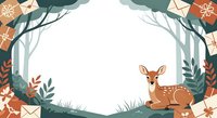 Deer resting in forest clearing surrounded by autumn leaves, pine trees, and hanging gift boxes with snowflakes. Isolated woodland scene for holiday designs.