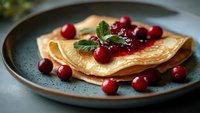 Folded crepes topped with red currant jam and fresh berries, garnished with mint leaf on a ceramic plate. Suitable for food photography, recipe blogs, and culinary content.
