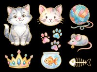 Cute cat faces, paw prints, yarn ball, mouse, crown, fishbowl and fish skeleton isolated on transparent background. Ready for t-shirt designs, stickers, clipart, sublimation and print-on-demand products.