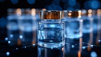 Crystal glass bottle with metallic cap reflecting blue light on dark glossy surface with bokeh effect creates luxurious cosmetic product presentation.