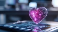 Glowing pink heart hologram floating above smartphone screen in dark room, digital love concept with futuristic technology visualization.