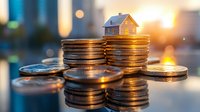 Small house model on stacks of golden coins with warm sunlight creating bokeh effect, representing real estate investment and property financing concepts.