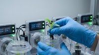 Laboratory scientist in blue gloves examining plant seedling in glass container with monitoring equipment for biotechnology research and development.