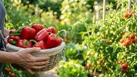 Farmer holding basket of fresh red bell peppers in vegetable garden during harvest season for agriculture and farming concepts.