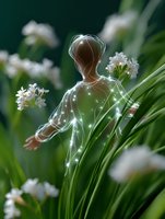 Ethereal glowing silhouette among white flowers and green leaves, magical fantasy figure with luminous outline surrounded by delicate spring blossoms.