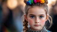 Young girl with bright blue eyes wearing colorful flower crown against blurred background, natural makeup with rosy cheeks, hair styled in braid, soft portrait lighting.