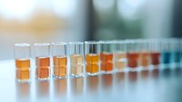 Laboratory test tubes with orange and yellow liquid samples in row showing gradient color change, scientific research and chemical analysis concept.