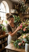 Young Caucasian female florist arranging colorful flower bouquet in rustic workshop studio with natural light and plants on wooden shelves for small business.