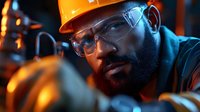 Focused industrial worker with safety helmet and glasses operating machinery in manufacturing facility with dramatic lighting for workplace safety concepts.