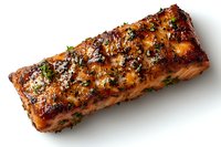 Grilled salmon fillet with herbs and black pepper seasoning, glazed to golden brown perfection on white background, isolated food photography for menu design.