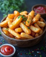 Golden crispy french fries in wooden bowl garnished with herbs, served with ketchup dipping sauce on dark background, appetizing comfort food for restaurant menu.