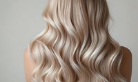 Back view of woman with luxurious blonde wavy hair against neutral background, showcasing professional salon styling for hair care advertising.