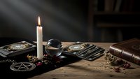 Mystical tarot cards spread on wooden table with burning candle creating atmospheric fortune telling scene for spiritual guidance and divination practices.