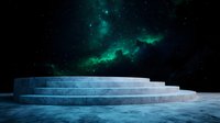 Minimalist concrete circular steps against cosmic green nebula background, creating futuristic architectural scene with dramatic lighting and mystical atmosphere.
