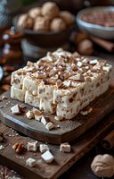 White nougat dessert with nuts and chocolate pieces on wooden cutting board, decorated with cocoa powder and cinnamon sticks in dark moody setting.