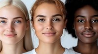 Diverse group of smiling young women with different skin tones and features representing beauty, inclusivity and friendship against white background. Natural makeup looks.