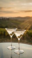 Two martini cocktails with olives on glass table overlooking vineyard landscape at golden hour sunset for luxury dining and wine tourism experiences.