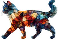 Colorful mosaic cat silhouette with geometric pattern in red, blue, and orange stained glass style on white background, ready for decorative design projects.