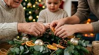 Multigenerational family making Christmas wreath with dried oranges, pine cones, and ornaments near decorated tree, holiday tradition.