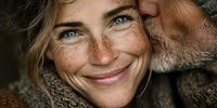 Close-up portrait of happy mature Caucasian woman with freckles and blue eyes smiling warmly while being kissed by bearded partner in cozy moment.