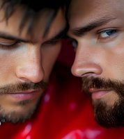 Close-up portrait of two bearded men with intense expressions facing each other against red background, depicting intimacy, confrontation and emotional connection.