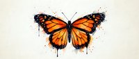 Watercolor monarch butterfly with orange wings and black borders, artistic paint splatters on textured paper background for nature and wildlife designs.