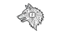 Wolf head profile with geometric tribal patterns and lightning bolt designs in black line art style isolated on white background for tattoo designs.