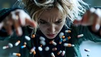 Intense blonde woman with disheveled hair surrounded by floating colorful pills and capsules in dramatic lighting for pharmaceutical addiction concepts.