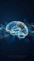 Glowing transparent brain with neural networks and digital connections on dark blue background for artificial intelligence and neuroscience concepts.