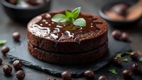 Dark chocolate cake layered with rich ganache frosting, garnished with fresh mint leaves and chocolate truffles on black slate background, selective focus.