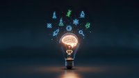 Glowing light bulb with brain inside surrounded by floating science icons on dark background representing innovation and scientific creativity.