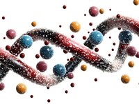 Abstract DNA strand with colorful spherical molecules in red and blue tones floating on white background, scientific genetic concept for medical research.