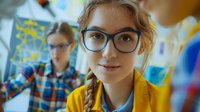 Young female student wearing glasses and yellow jacket smiling in college hallway with classmates in background, natural lighting creates warm educational atmosphere.