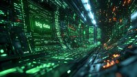 Abstract digital tunnel with glowing green data streams and information flows, representing big data and cyber technology in modern computing environment.