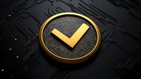 Golden checkmark symbol on dark circuit board background, metallic round badge with digital pattern, modern technology concept for approval and verification.