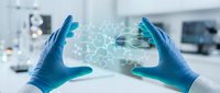 Medical professional hands in blue gloves holding digital network connection in modern laboratory for healthcare technology and scientific research.