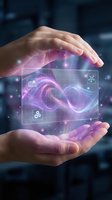 Hands holding glowing holographic infinity symbol with digital interface icons, representing technology innovation, artificial intelligence, and future business solutions.