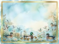 Watercolor illustration of ducks swimming in a pond surrounded by cattails and aquatic plants, with soft blue sky and golden frame border, suitable for nursery decor, children's book illustrations, and nature-themed designs.