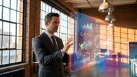 Businessman in dark suit analyzing holographic data visualization with colorful charts and graphs in modern loft office with brick walls and large windows.