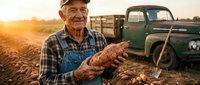 Elderly Caucasian farmer in overalls holding fresh harvested carrots at sunset with vintage green truck in background on agricultural field.