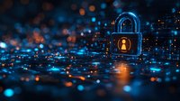 Digital padlock with user icon glowing in blue and orange bokeh cyber environment, representing data protection and cybersecurity in modern network.