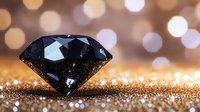 Black diamond on golden glitter surface with soft bokeh lights background, luxury jewelry concept showcasing precious gemstone brilliance and sparkle.