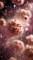 Abstract pink powder explosion with glowing particles and bokeh effect, creating dreamy cosmic atmosphere for cosmetic product advertising.