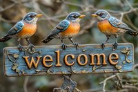 Three orange-breasted songbirds perched on rustic wooden welcome sign with carved leaf design, creating charming outdoor garden decor scene against natural blurred background.